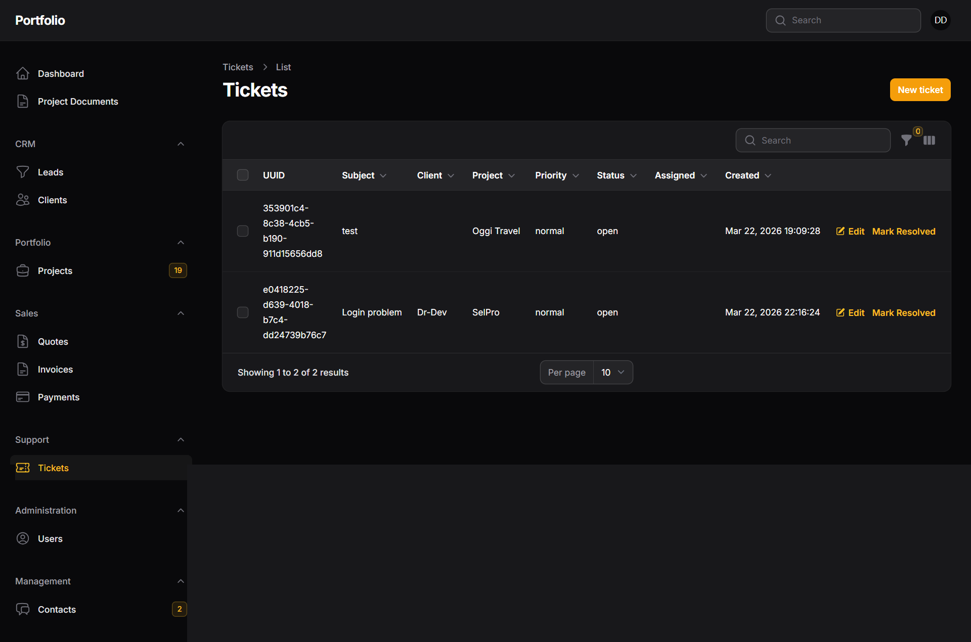 Liste des projets portfolio admin